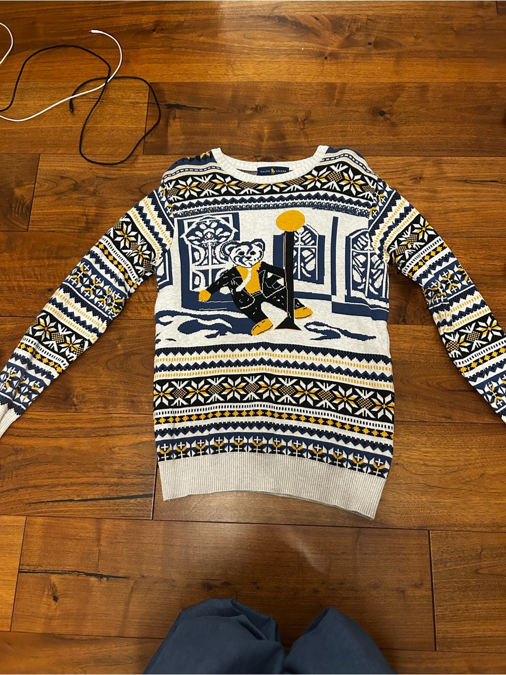 Ralph Lauren Navy, White & Yellow Bear Fair Isle Crewneck Sweater